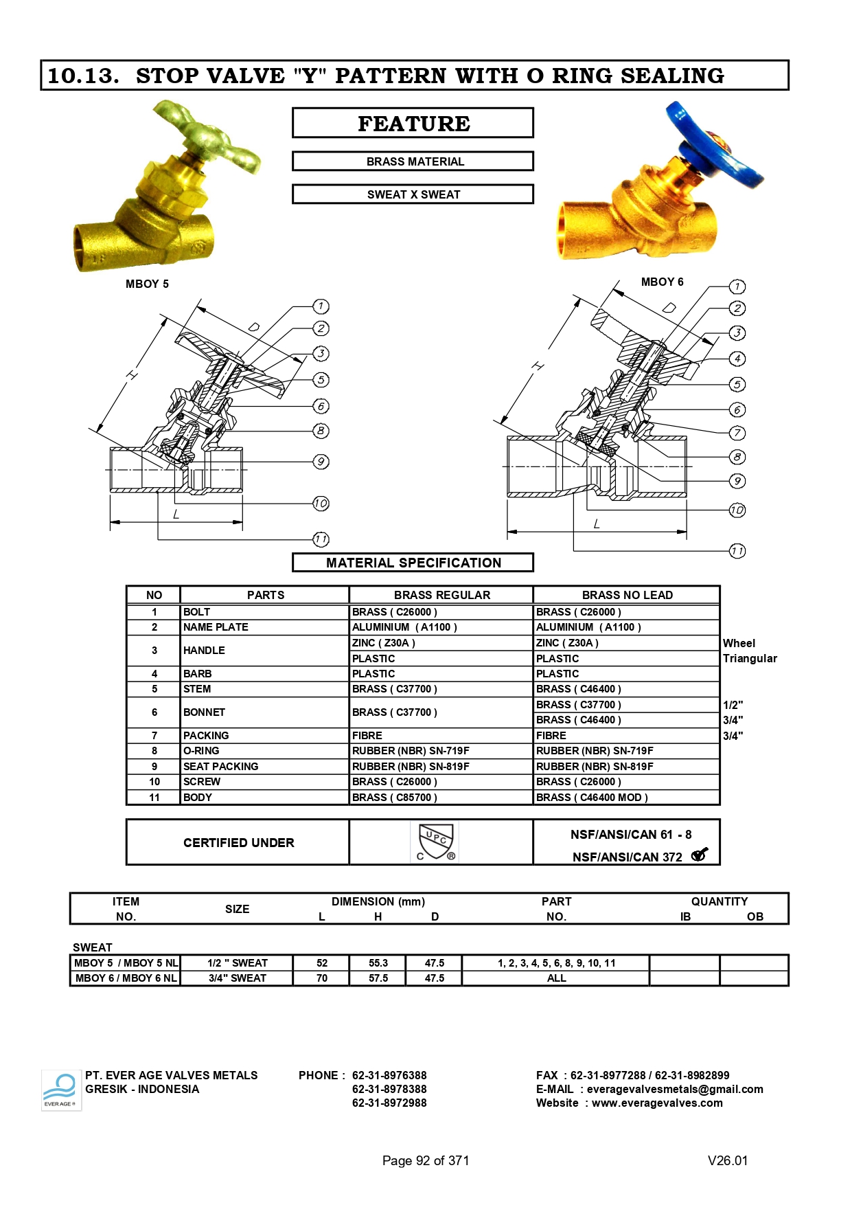 STOP VALVES Y PATTERN WITH O-RING SEALING - MBOY 5 - MBOY 6